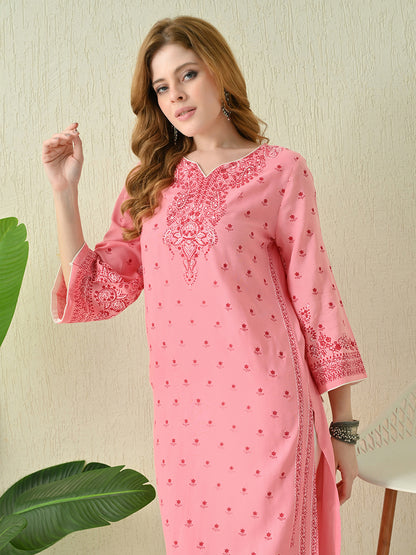 Coral Pink Buti Printed Rayon Kurta with Border Detailing