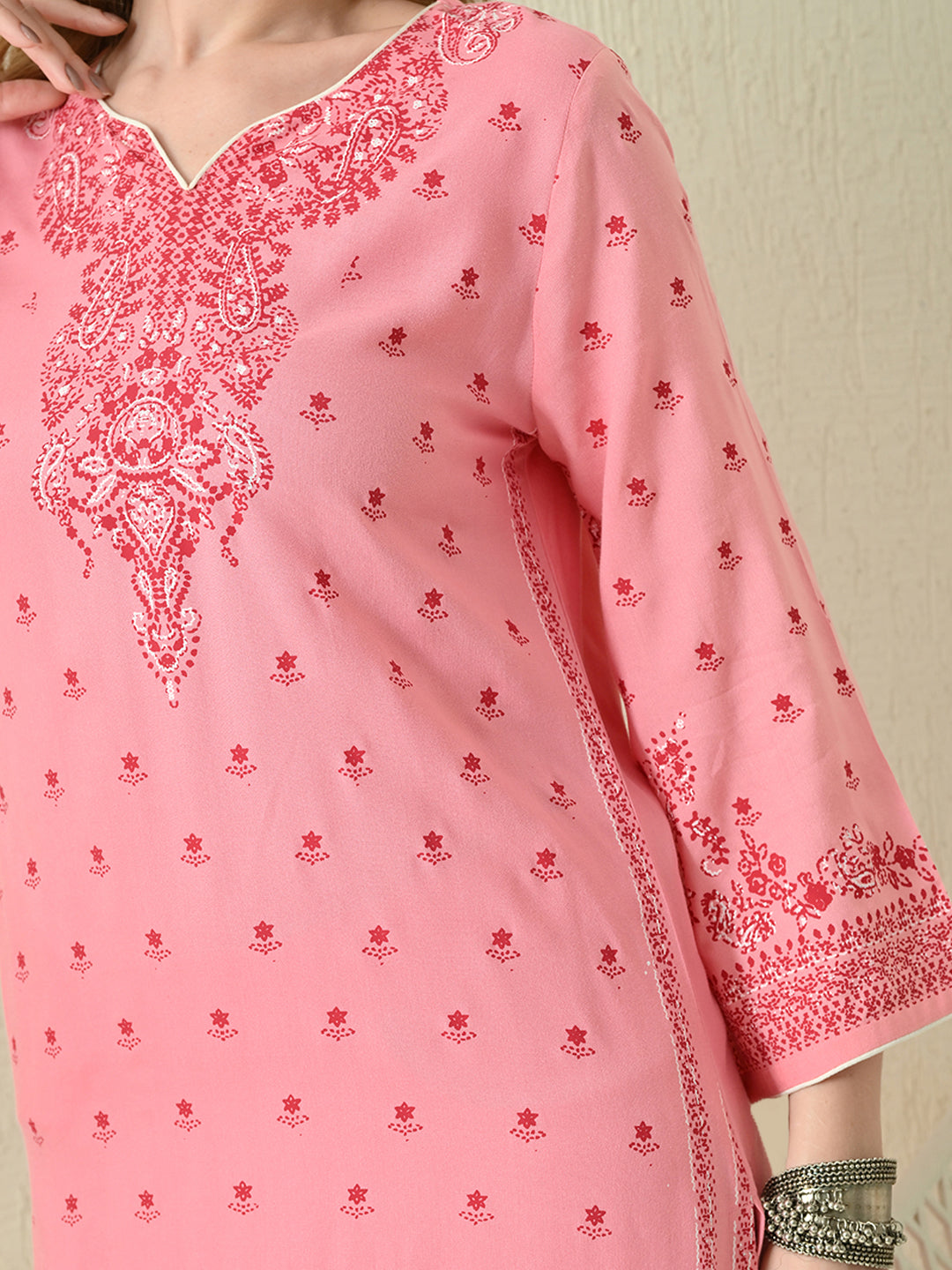 Coral Pink Buti Printed Rayon Kurta with Border Detailing