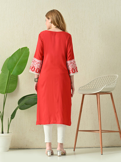 Vermilion Red Buti Printed Rayon Kurta with Lace & Border Detailing
