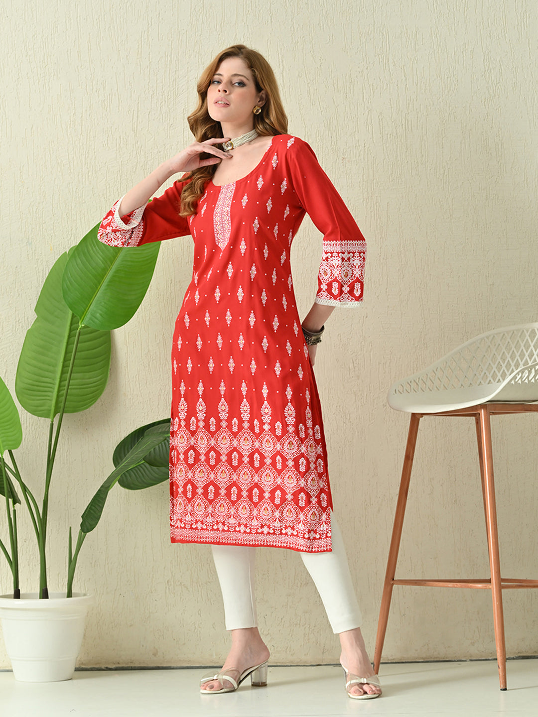 Vermilion Red Buti Printed Rayon Kurta with Lace & Border Detailing