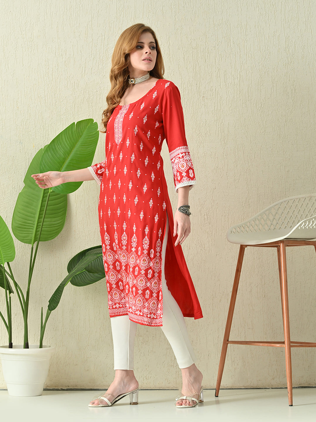 Vermilion Red Buti Printed Rayon Kurta with Lace & Border Detailing