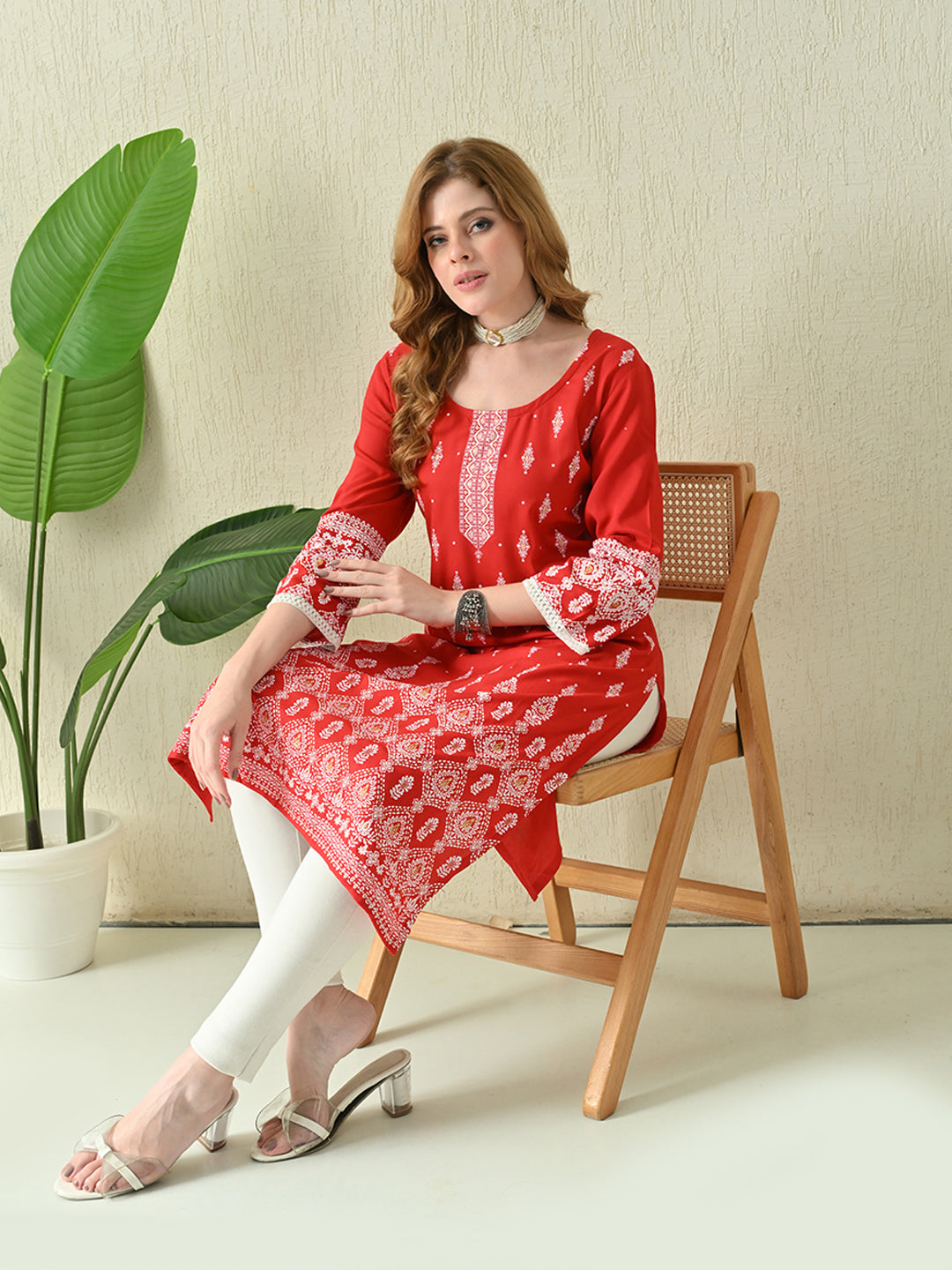 Vermilion Red Buti Printed Rayon Kurta with Lace & Border Detailing