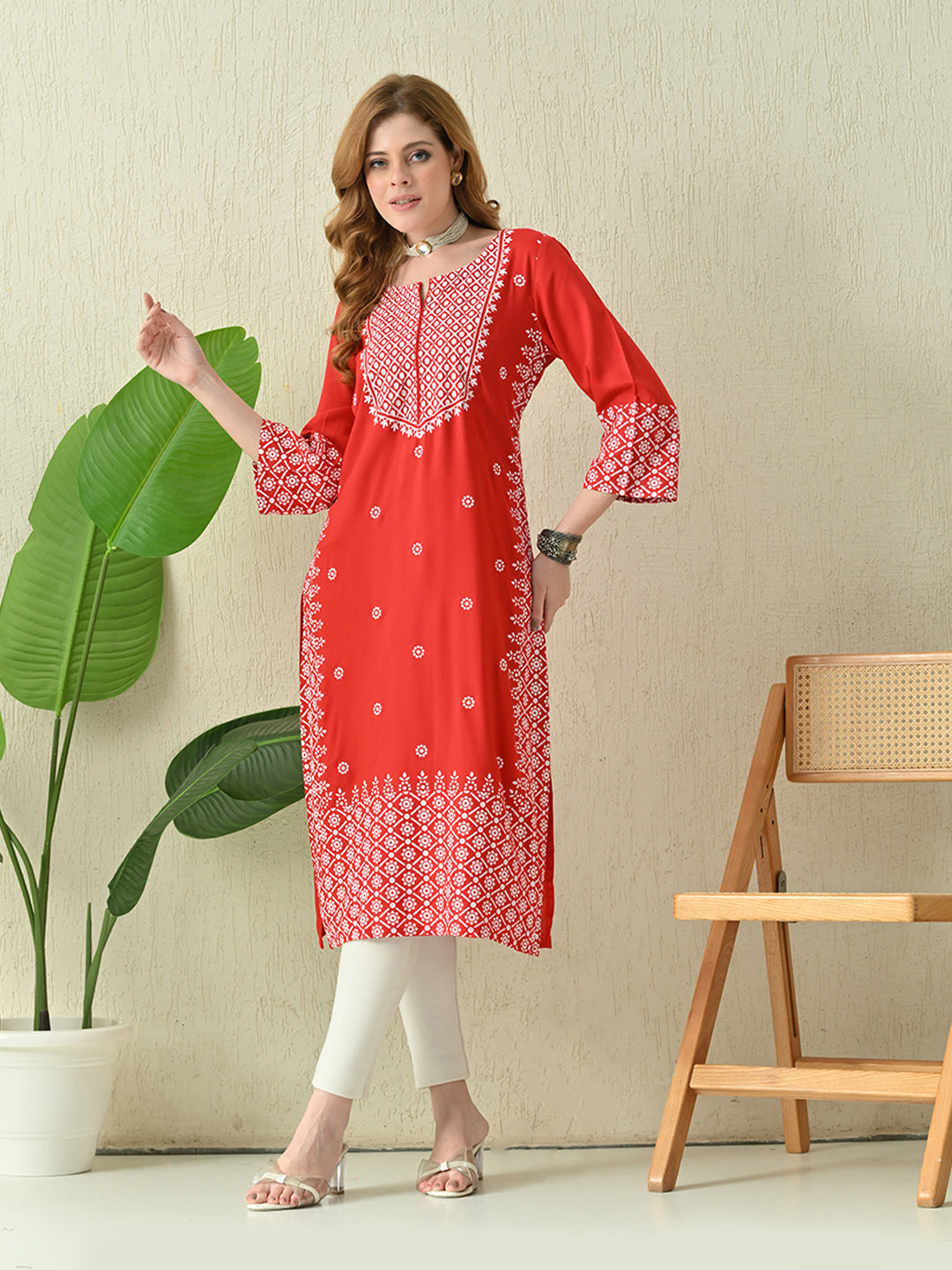 Scarlet Red Geometric Printed Rayon Kurta with Border Detailing