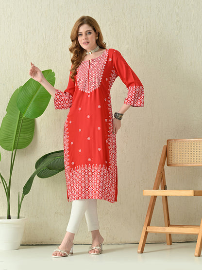 Scarlet Red Geometric Printed Rayon Kurta with Border Detailing