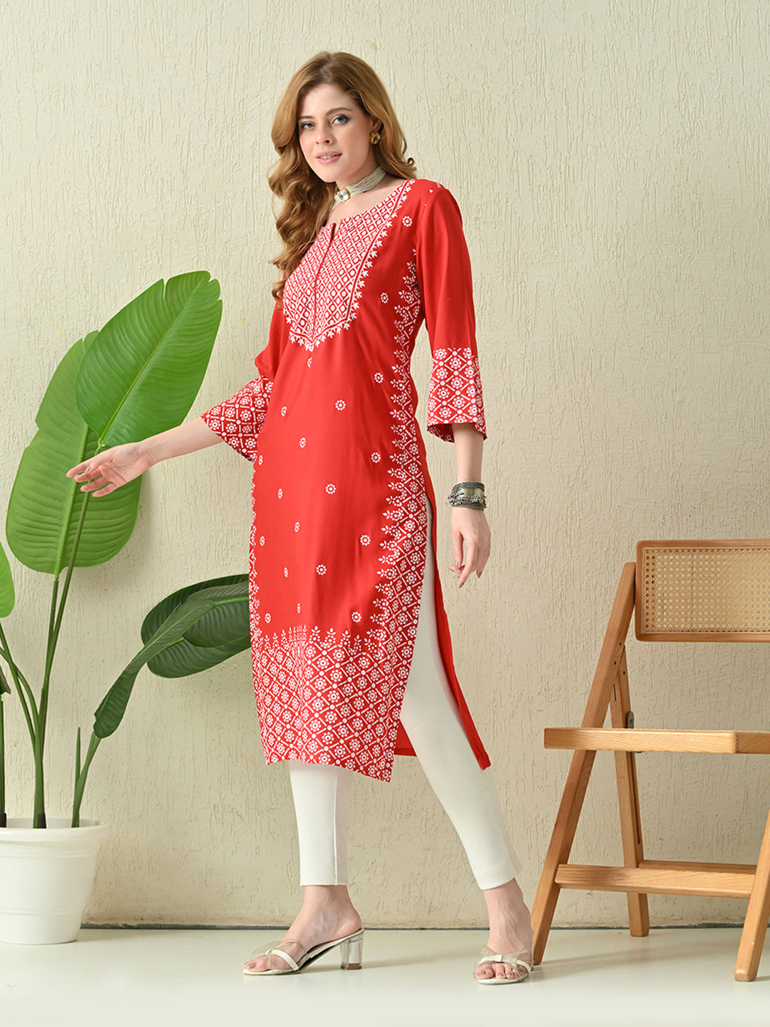 Scarlet Red Geometric Printed Rayon Kurta with Border Detailing