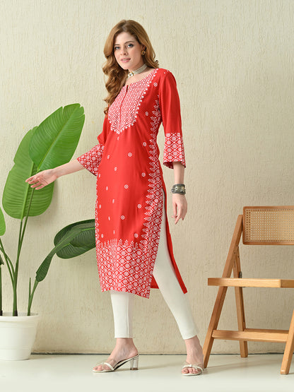 Scarlet Red Geometric Printed Rayon Kurta with Border Detailing