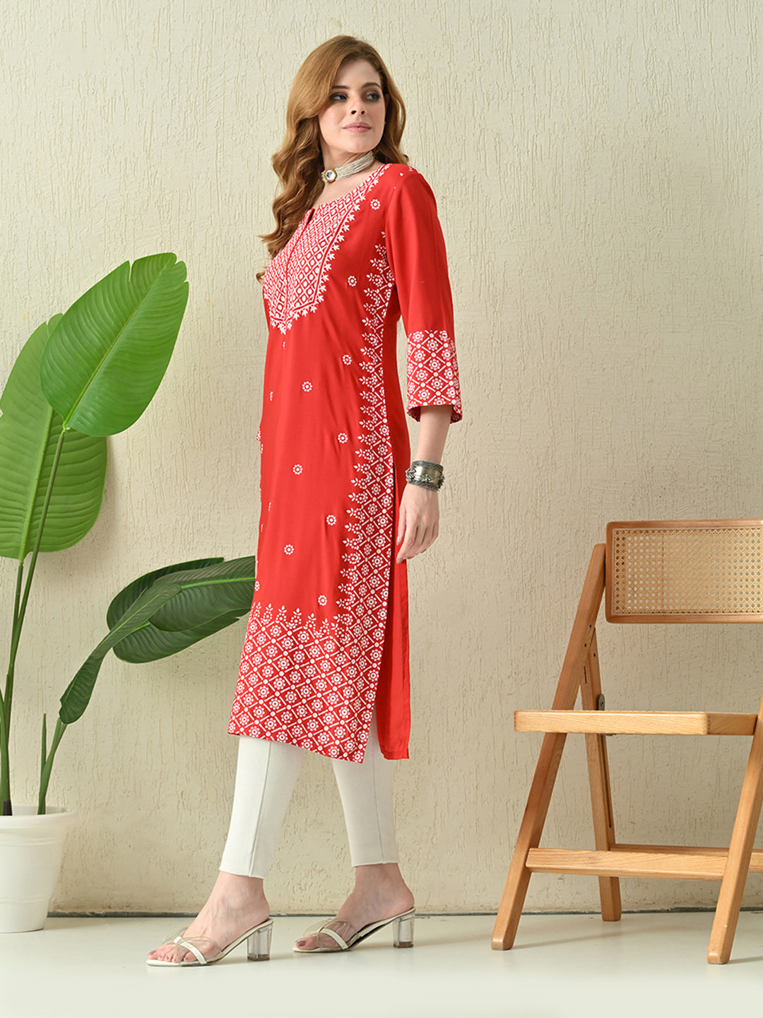 Scarlet Red Geometric Printed Rayon Kurta with Border Detailing