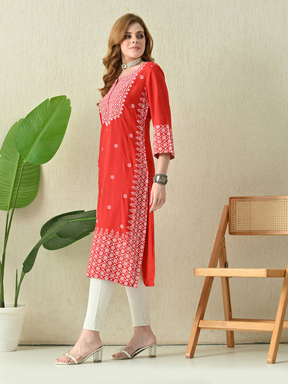 Scarlet Red Geometric Printed Rayon Kurta with Border Detailing