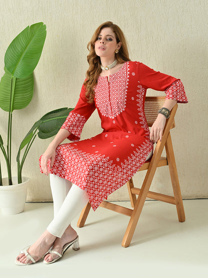 Scarlet Red Geometric Printed Rayon Kurta with Border Detailing