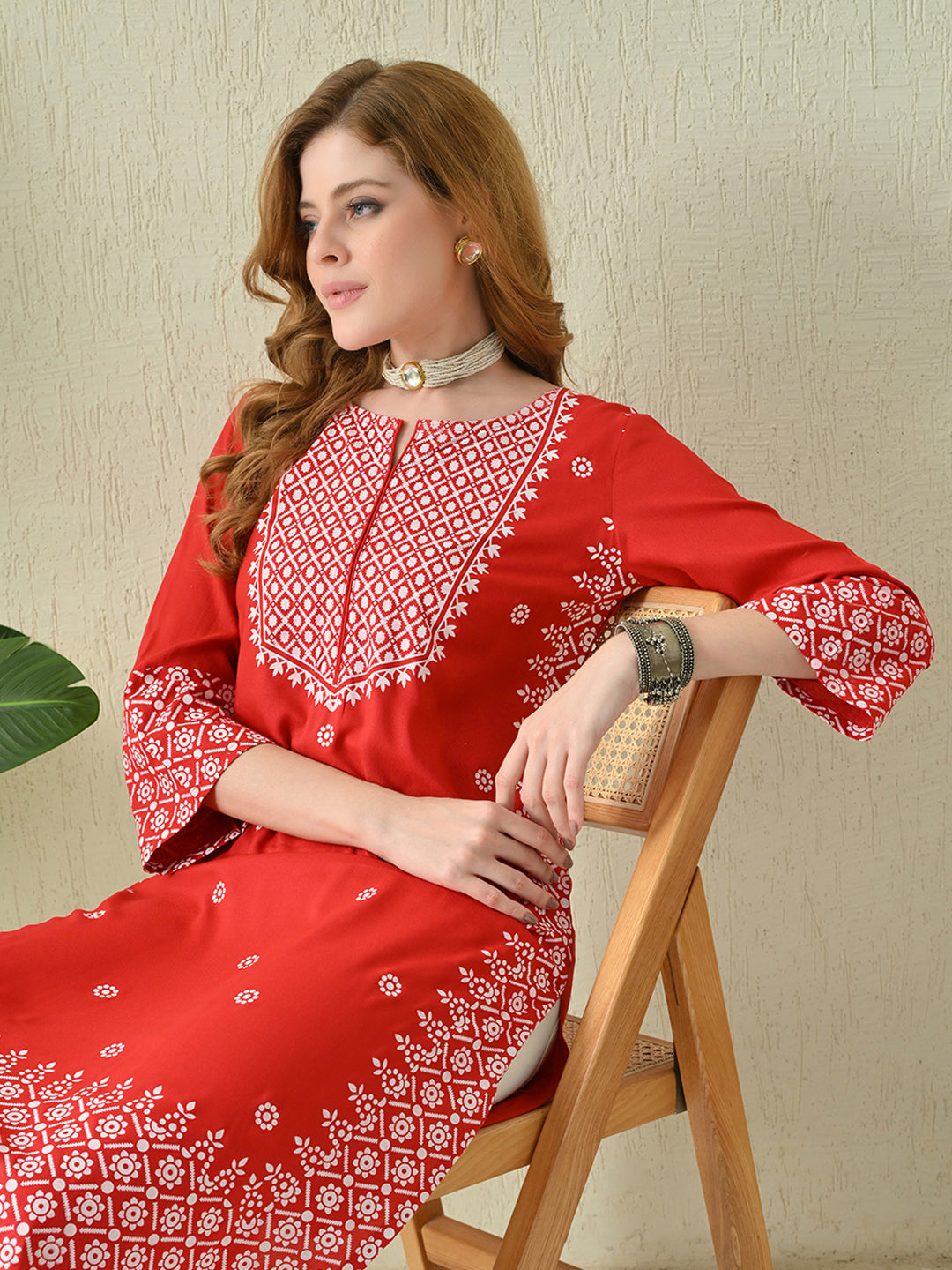 Scarlet Red Geometric Printed Rayon Kurta with Border Detailing
