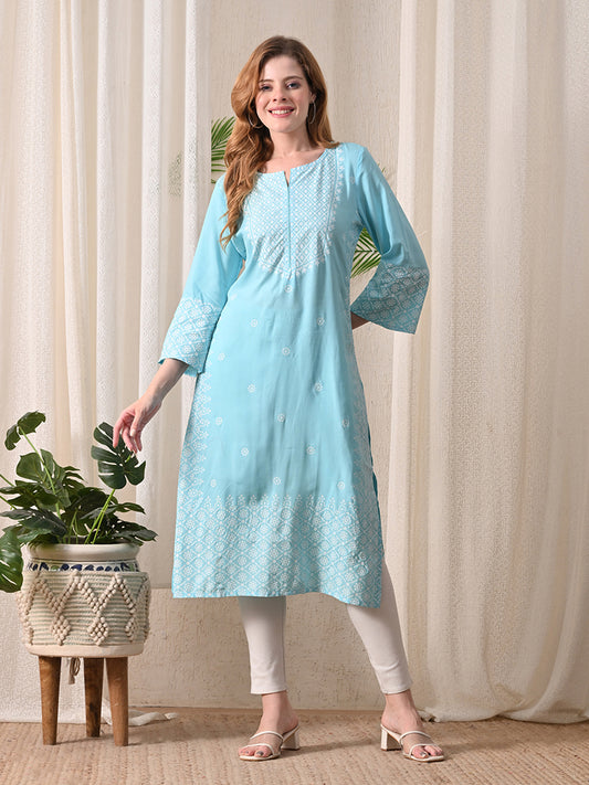 Aqua Geometric Printed Rayon Kurta with Border Detailing