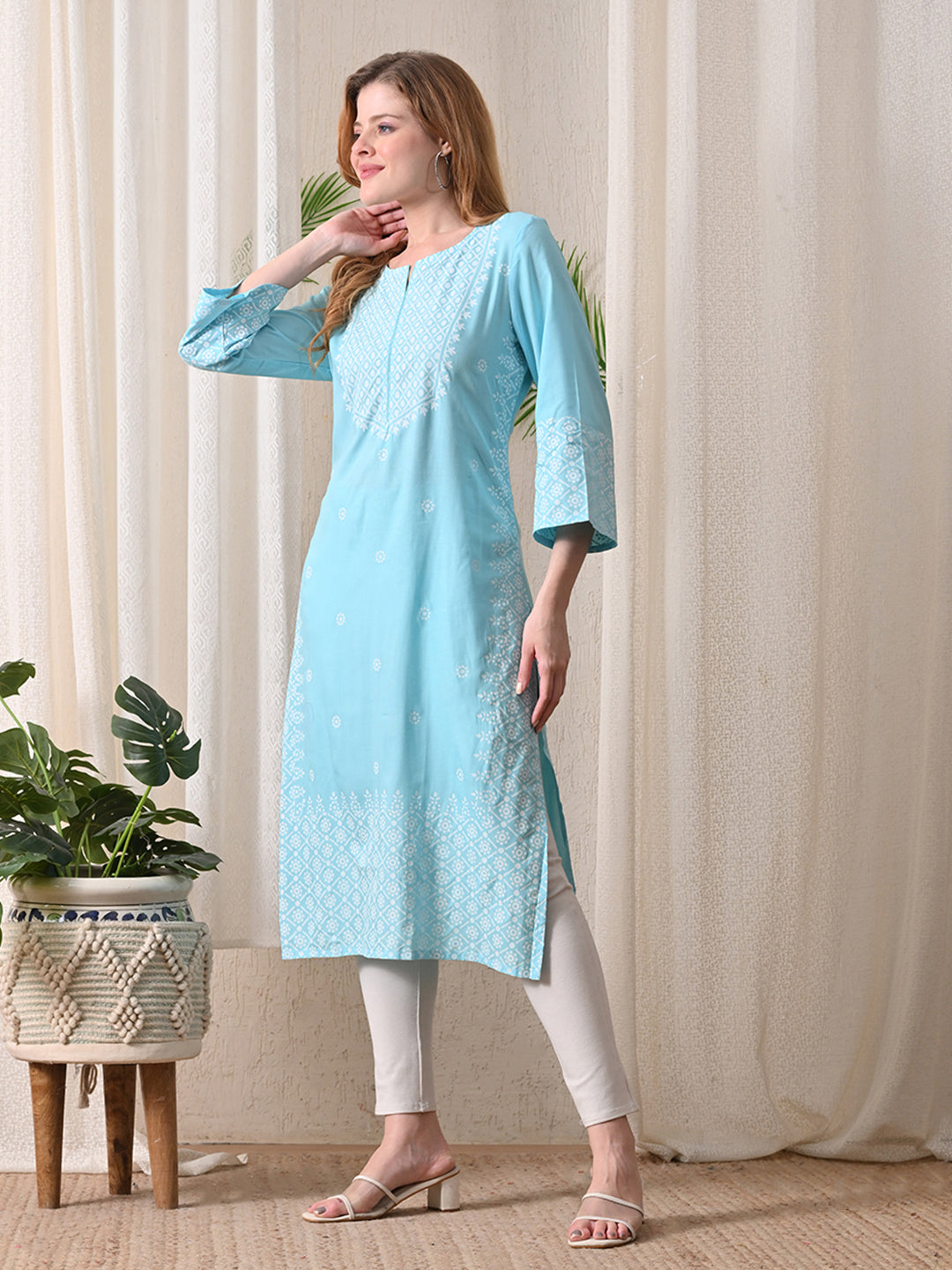 Aqua Geometric Printed Rayon Kurta with Border Detailing