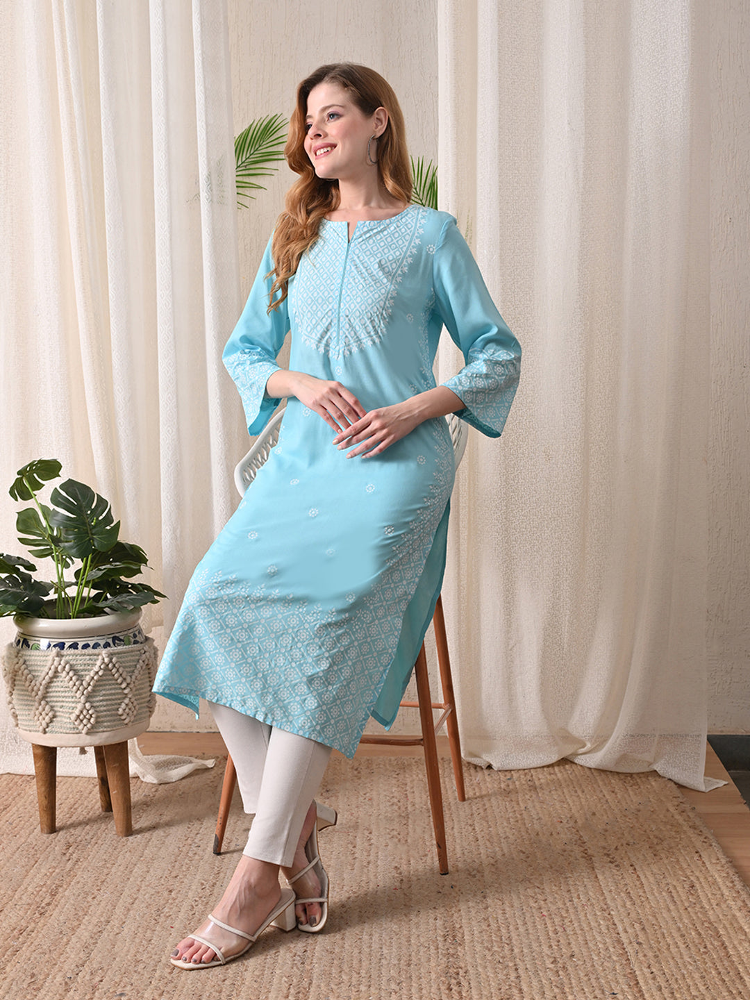 Aqua Geometric Printed Rayon Kurta with Border Detailing