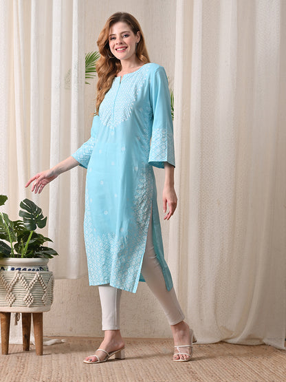 Aqua Geometric Printed Rayon Kurta with Border Detailing
