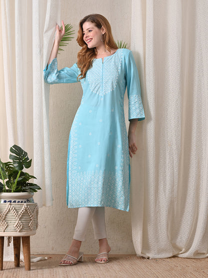 Aqua Geometric Printed Rayon Kurta with Border Detailing