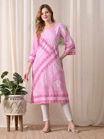 Petal Pink Diagonal Printed Rayon Kurta with Border Detailing