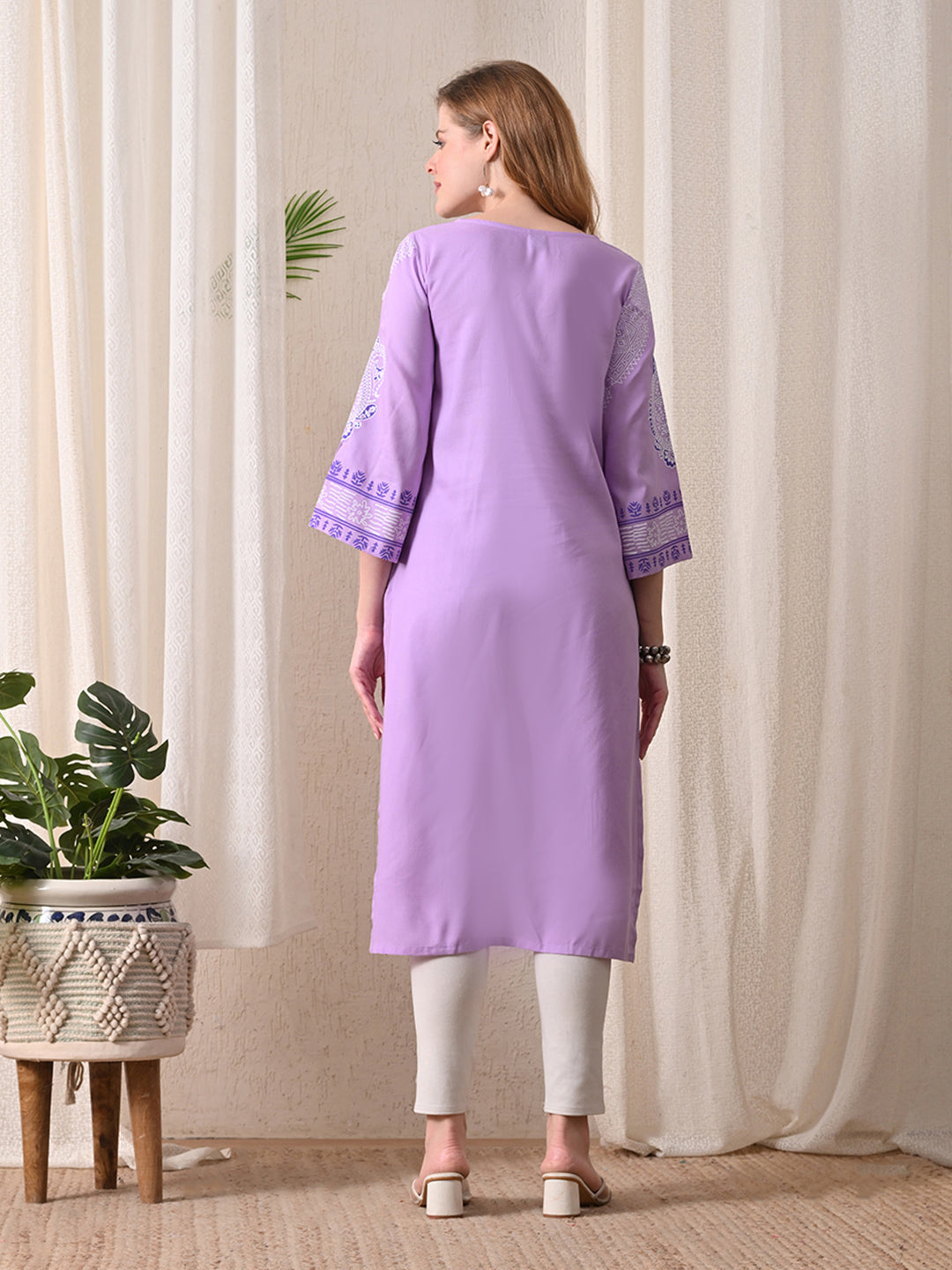 Lavender Paisley Printed Rayon Kurta with Border Detailing