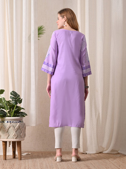 Lavender Paisley Printed Rayon Kurta with Border Detailing