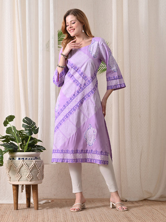 Lavender Paisley Printed Rayon Kurta with Border Detailing