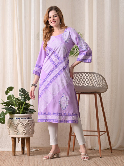 Lavender Paisley Printed Rayon Kurta with Border Detailing