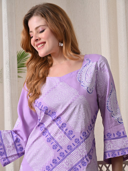 Lavender Paisley Printed Rayon Kurta with Border Detailing
