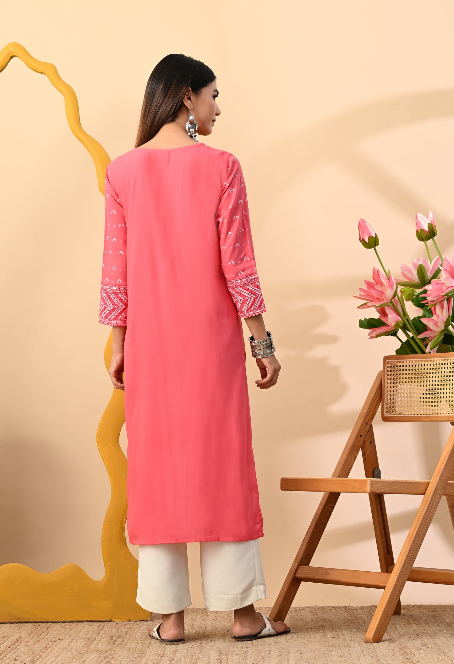 Watermelon Pink Elegant Geometric Panel Printed Rayon Kurta with Sleeve & Neck Detailing