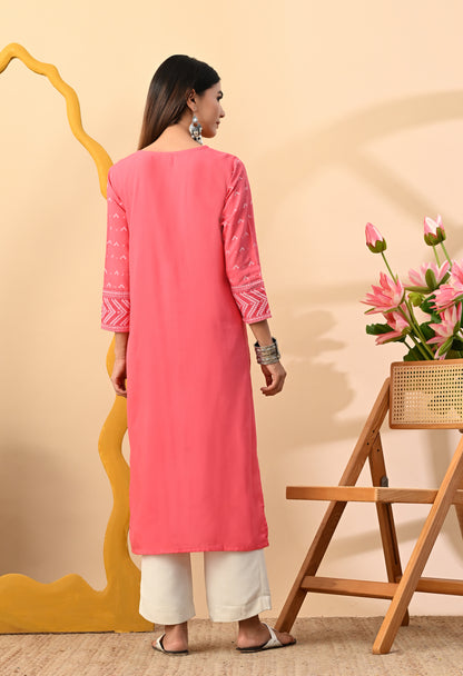 Watermelon Pink Elegant Geometric Panel Printed Rayon Kurta with Sleeve & Neck Detailing