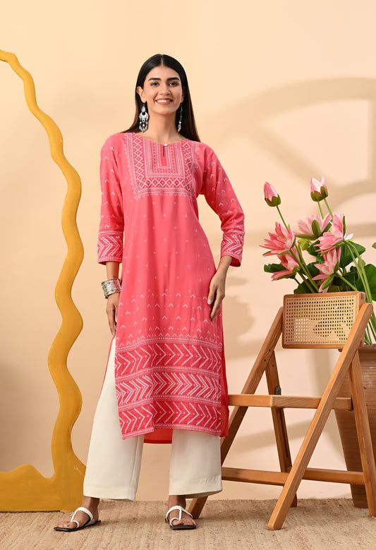 Watermelon Pink Elegant Geometric Panel Printed Rayon Kurta with Sleeve & Neck Detailing