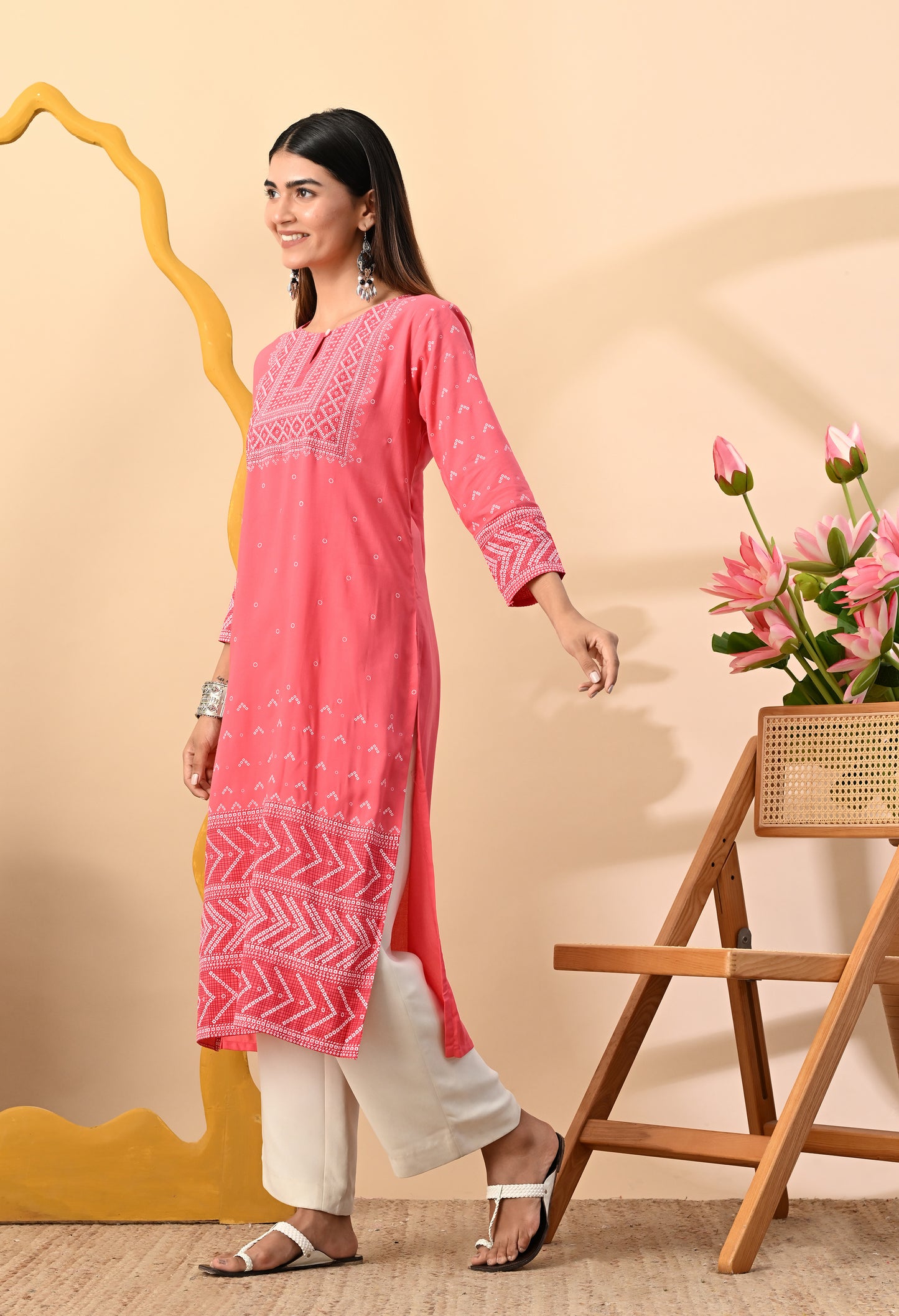 Watermelon Pink Elegant Geometric Panel Printed Rayon Kurta with Sleeve & Neck Detailing