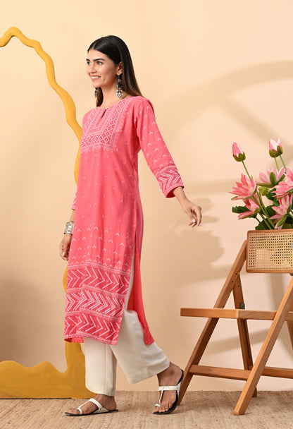 Watermelon Pink Elegant Geometric Panel Printed Rayon Kurta with Sleeve & Neck Detailing