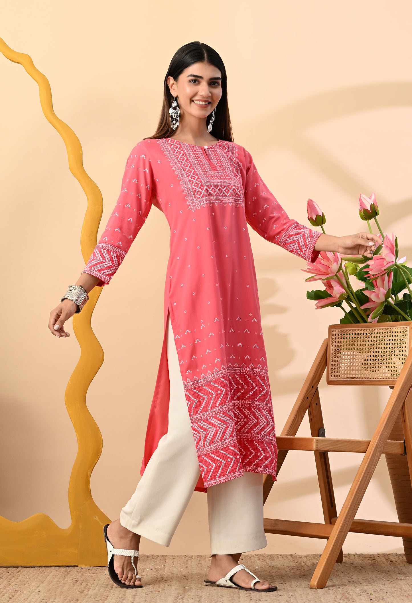 Watermelon Pink Elegant Geometric Panel Printed Rayon Kurta with Sleeve & Neck Detailing