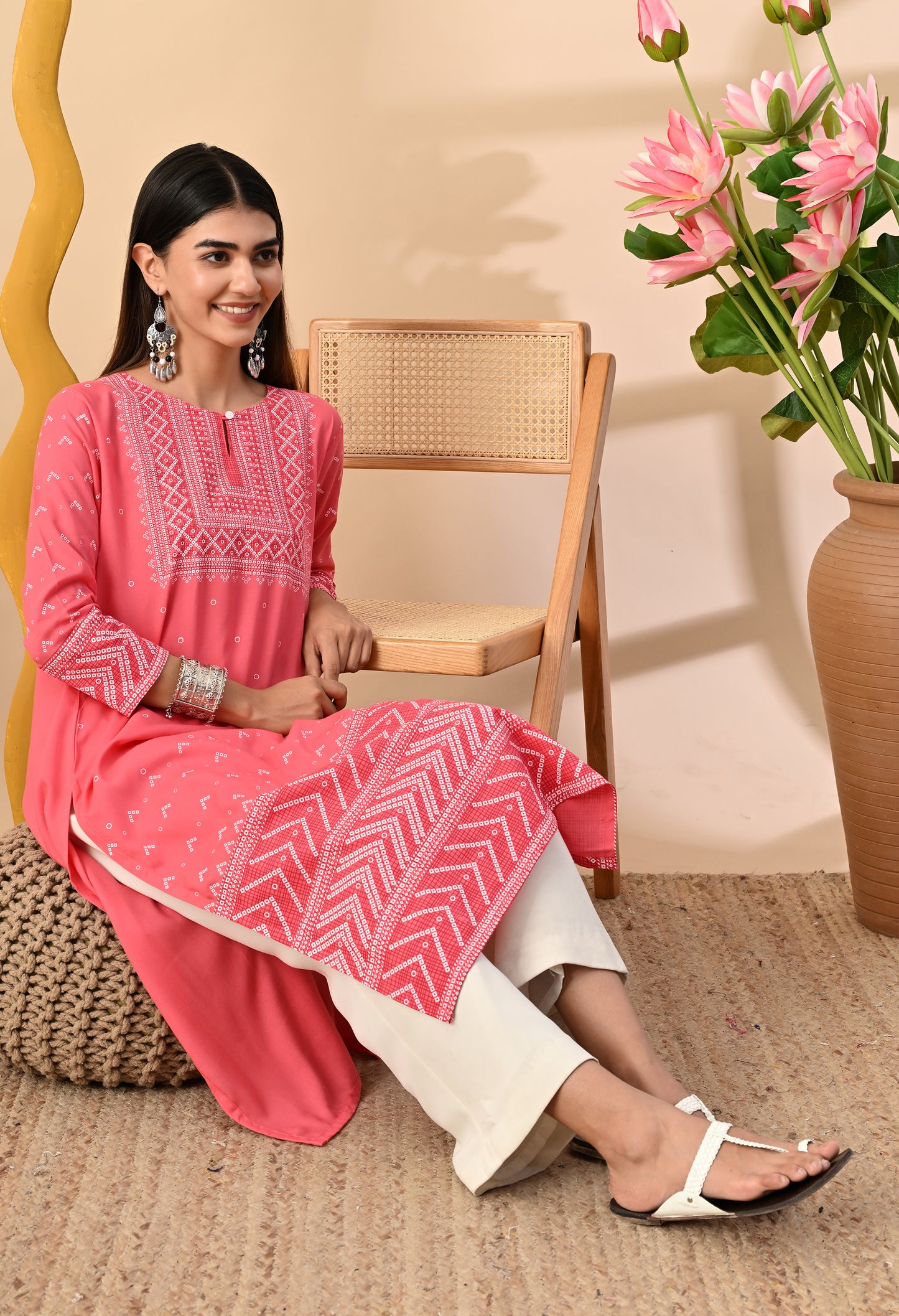 Watermelon Pink Elegant Geometric Panel Printed Rayon Kurta with Sleeve & Neck Detailing