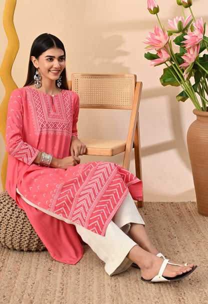 Watermelon Pink Elegant Geometric Panel Printed Rayon Kurta with Sleeve & Neck Detailing