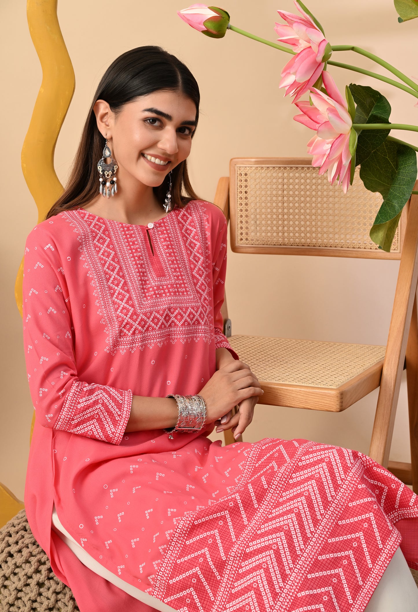 Watermelon Pink Elegant Geometric Panel Printed Rayon Kurta with Sleeve & Neck Detailing