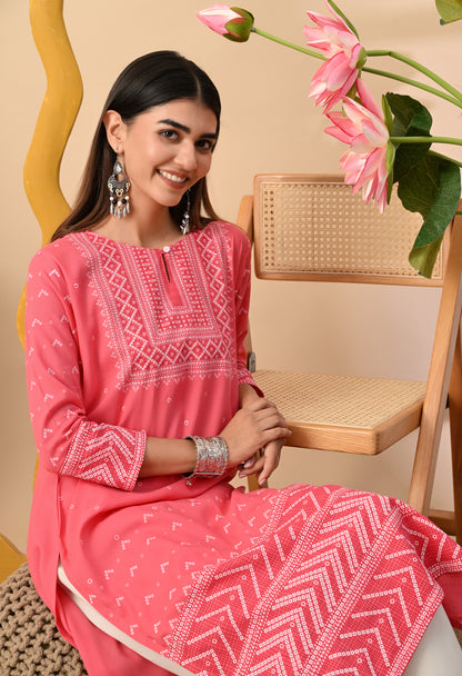 Watermelon Pink Elegant Geometric Panel Printed Rayon Kurta with Sleeve & Neck Detailing
