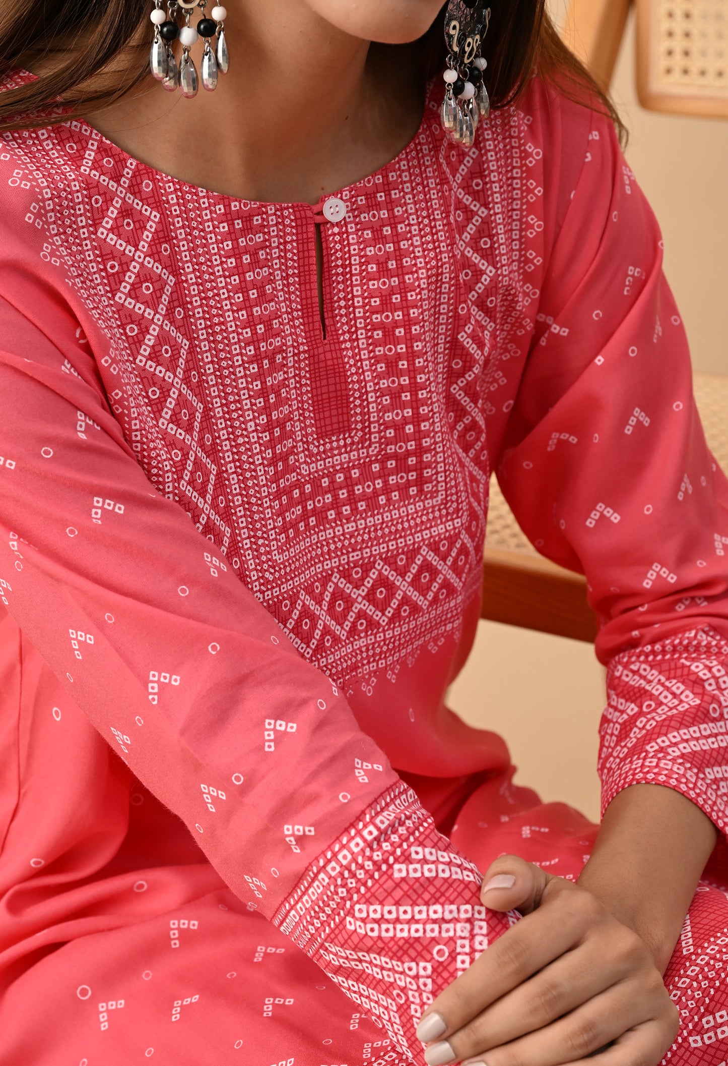 Watermelon Pink Elegant Geometric Panel Printed Rayon Kurta with Sleeve & Neck Detailing