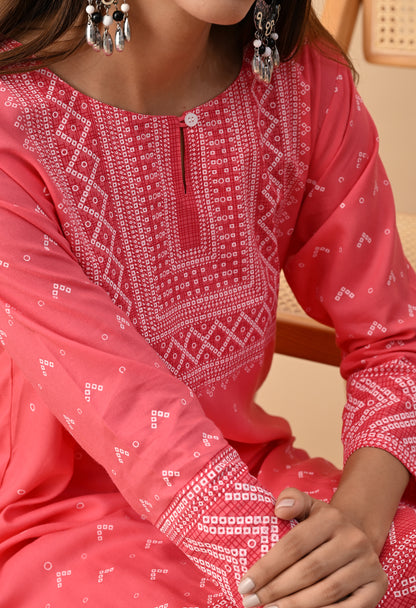 Watermelon Pink Elegant Geometric Panel Printed Rayon Kurta with Sleeve & Neck Detailing