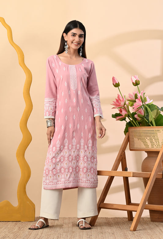 Baby Pink Elegant Floral Buti Printed Rayon Kurta with Sleeve Lace & Hem Border Detailing