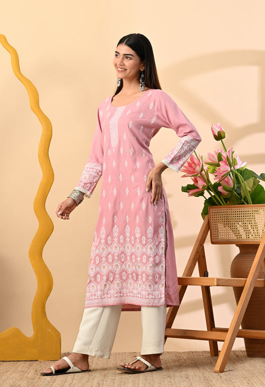Baby Pink Elegant Floral Buti Printed Rayon Kurta with Sleeve Lace & Hem Border Detailing