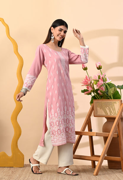 Baby Pink Elegant Floral Buti Printed Rayon Kurta with Sleeve Lace & Hem Border Detailing