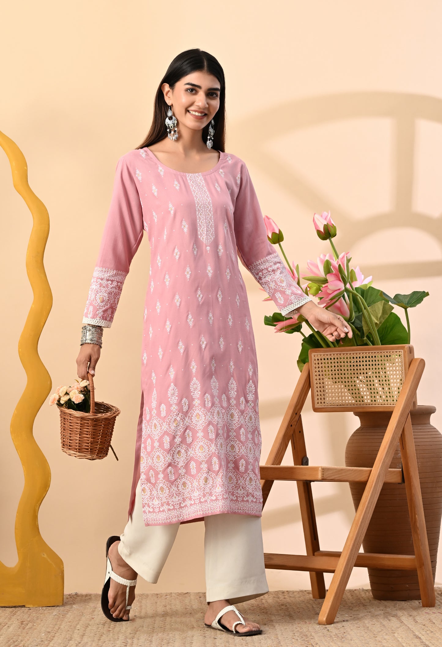 Baby Pink Elegant Floral Buti Printed Rayon Kurta with Sleeve Lace & Hem Border Detailing
