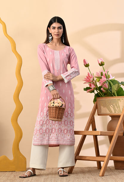 Baby Pink Elegant Floral Buti Printed Rayon Kurta with Sleeve Lace & Hem Border Detailing