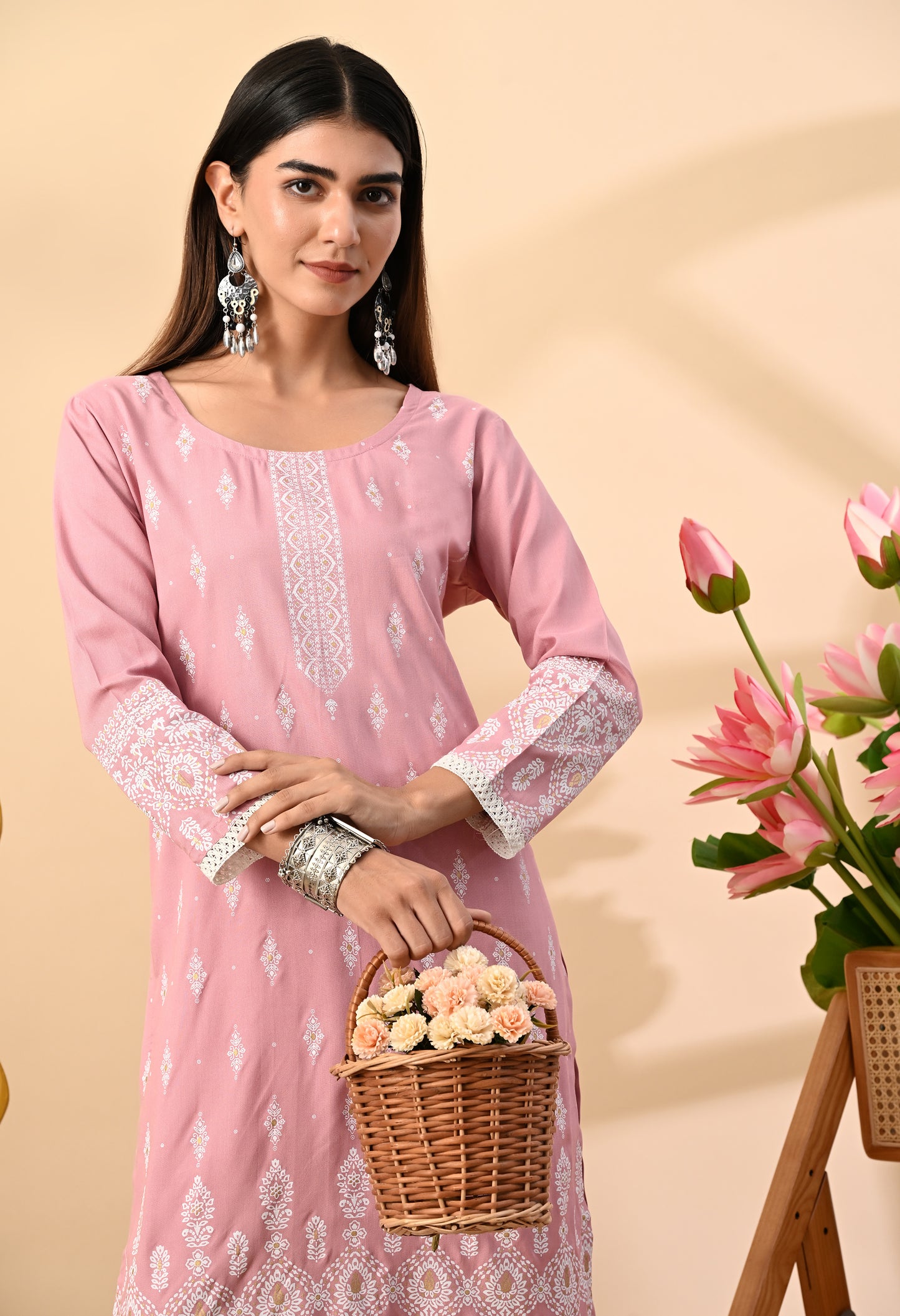 Baby Pink Elegant Floral Buti Printed Rayon Kurta with Sleeve Lace & Hem Border Detailing