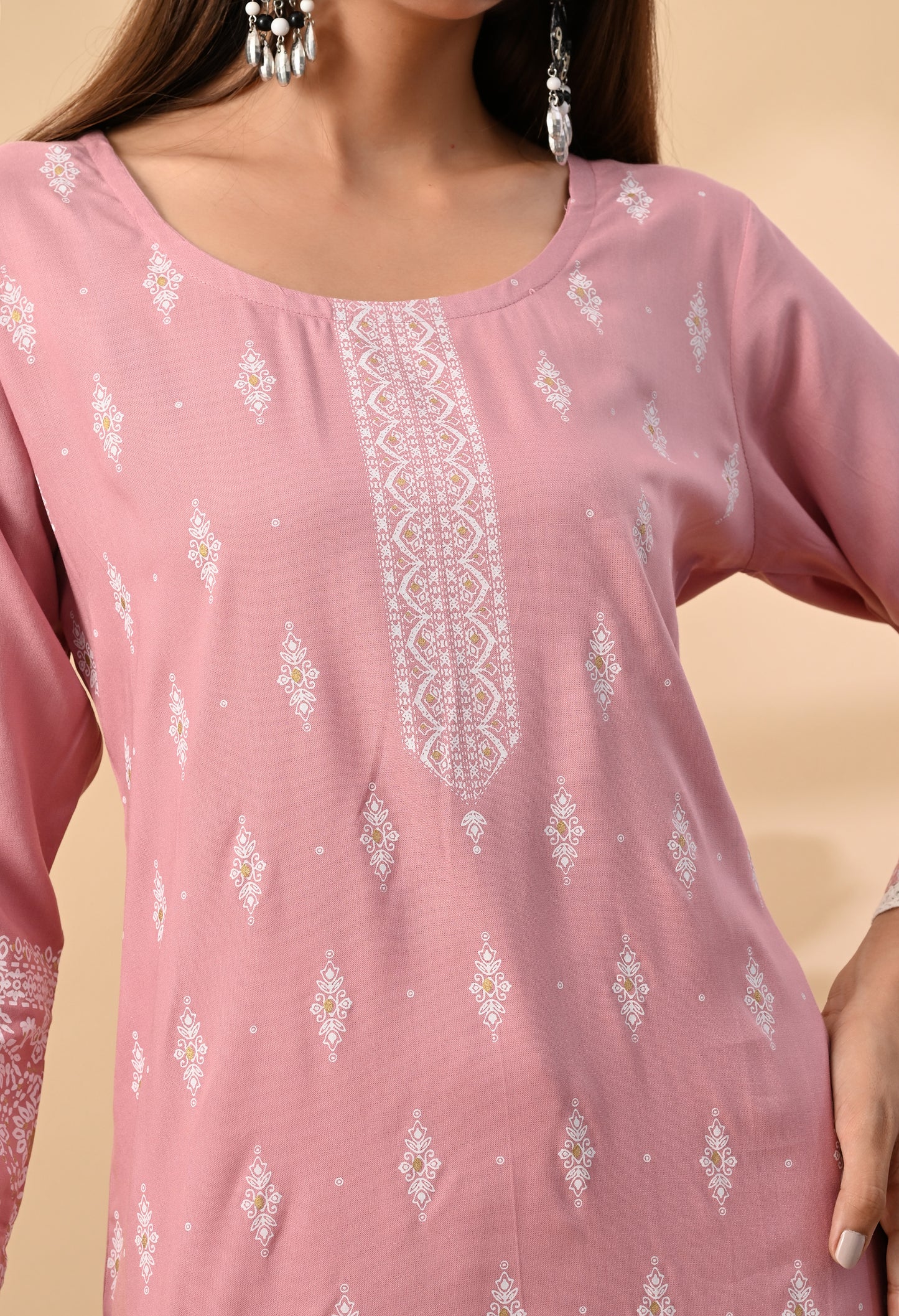 Baby Pink Elegant Floral Buti Printed Rayon Kurta with Sleeve Lace & Hem Border Detailing