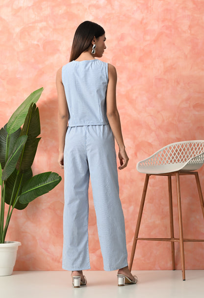 Powder Blue Pinstripe Sleeveless Rayon Co-ord Set with Wide Leg Pants