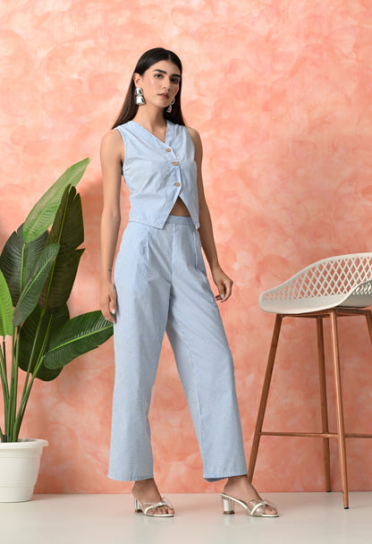 Powder Blue Pinstripe Sleeveless Rayon Co-ord Set with Wide Leg Pants