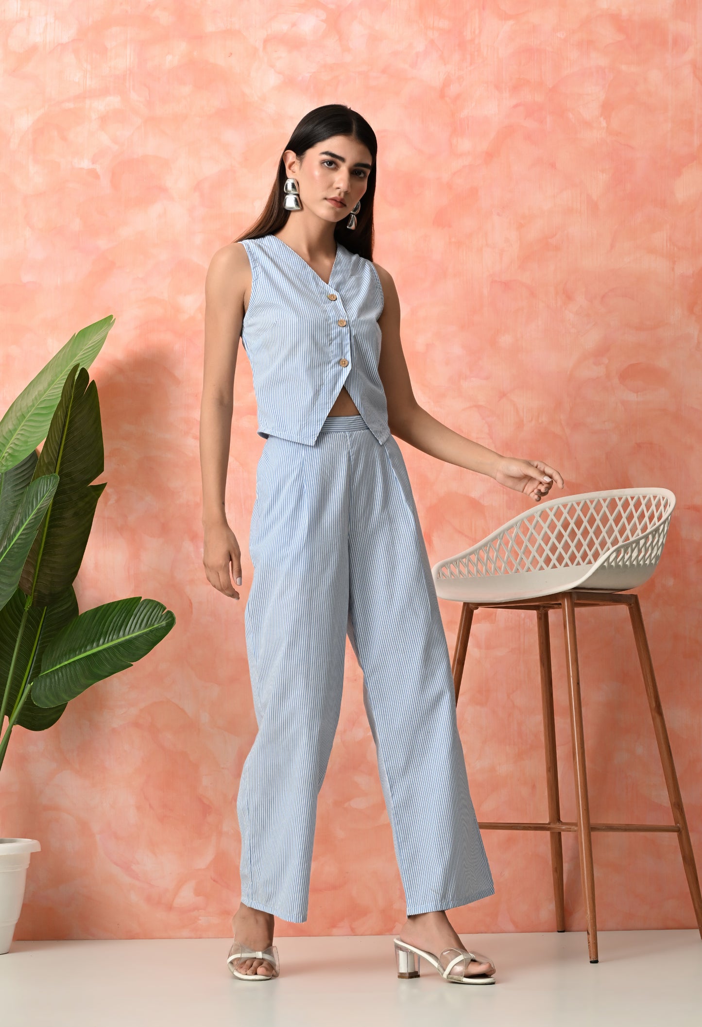 Powder Blue Pinstripe Sleeveless Rayon Co-ord Set with Wide Leg Pants