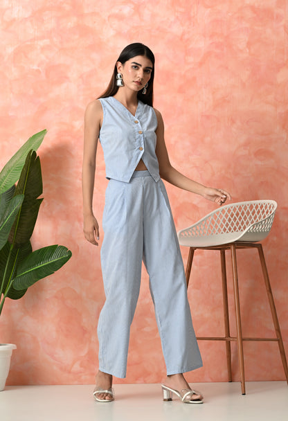 Powder Blue Pinstripe Sleeveless Rayon Co-ord Set with Wide Leg Pants