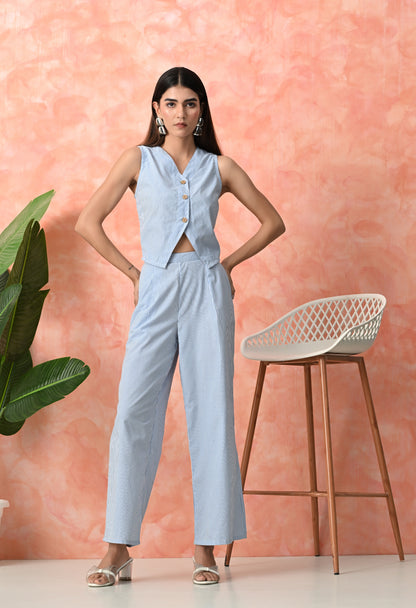 Powder Blue Pinstripe Sleeveless Rayon Co-ord Set with Wide Leg Pants