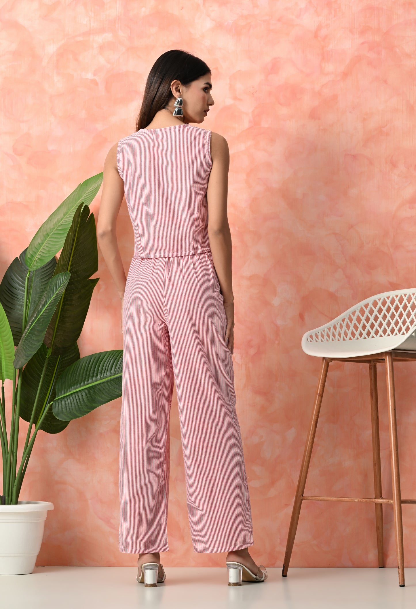 Coral Pink Pinstripe Sleeveless Rayon Co-ord Set with Wide Leg Pants